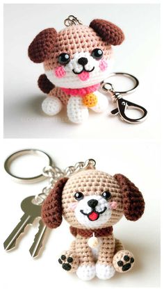 crocheted dog keychain is shown in two different views