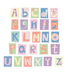 the alphabet is made up of different colors and shapes, including letters that appear to be painted