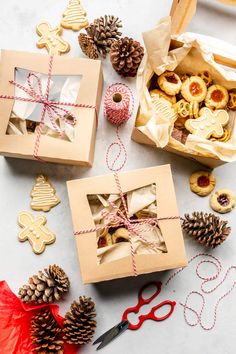 two boxes filled with cookies next to pine cones and scissors