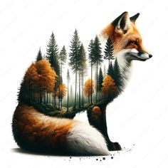 a painting of a fox sitting in front of a forest filled with trees and bushes