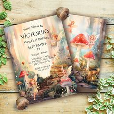 two fairy birthday cards with mushrooms on them