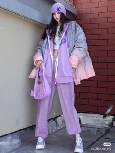 Pink Purple And Blue Outfit, Pink Tomboy Outfit, Cybercore Aesthetic Outfits, Purple Outfits Aesthetic, Pastel Streetwear, Purple Joggers, Crazy Outfits, Purple Outfits, Tomboy Style Outfits