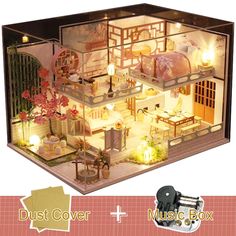 an image of a doll house with lights and furniture in the box for it's display