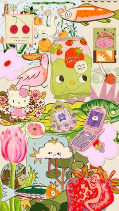 a collage of various stickers and pictures with flowers, cats, birds, and other things