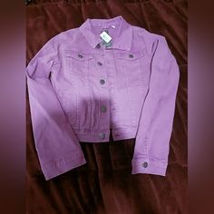 Nwt Purple Denim Jacket Kidpik Sz Xxl (16) Offers Are Welcome Fitted Solid Denim Jacket For Spring, Purple Cotton Outerwear With Pockets, Casual Purple Cotton Outerwear, Purple Button-up Cotton Outerwear, Purple Cotton Button-up Outerwear, Purple Cotton Outerwear With Button Closure, Purple Denim Jacket, Lavender Jacket, Purple Denim