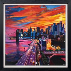 a painting of a city at sunset with cars driving on the road and buildings in the background