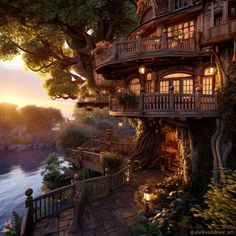 a tree house is lit up at night by the water's edge with lights on