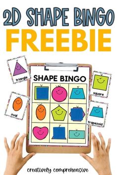 someone holding up a clipboard with shapes on it and the text, 20 shape bingo freebie