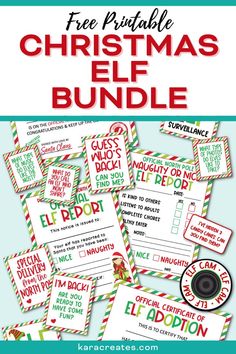 christmas elf printables with the text free printable christmas elf bundle on it