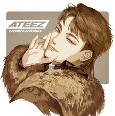 a young man wearing a fur coat and holding his hand to his face with the words ateez hong kong on it