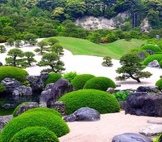 the landscape is full of green trees and rocks