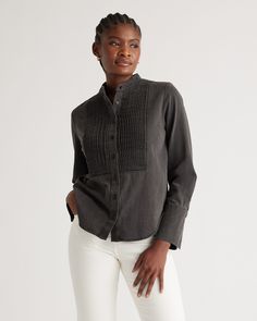 All eyes on that pleated placket! Our Distressed Denim Tuxedo Shirt features a few dressier touches, including the aforementioned pleats, a chic band collar, and elongated cuffs. An easy match for your favorite colored pant or a denim-on-denim outfit. Denim Tuxedo, Chic Band, Tuxedo Shirt, Tuxedo Shirts, Colored Pants, Flowing Skirt, Just Run, Band Collar, All Eyes