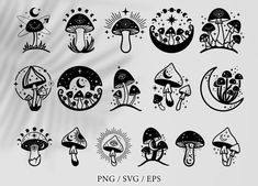 various mushrooms and stars are shown in this graphic art file, as well as an image of