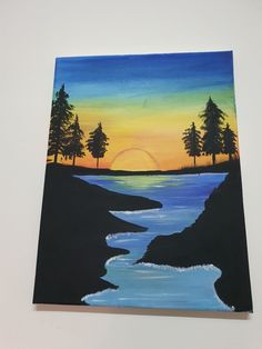 a painting of a sunset over a river