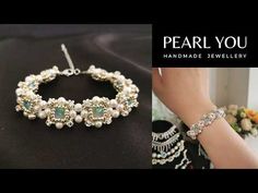 the pearl bracelet is being displayed in two different pictures