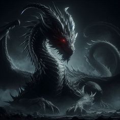 a dragon with red eyes is in the dark