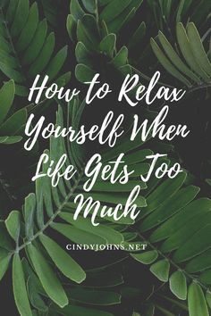 the words how to relax yourself when life gets too much on top of green leaves