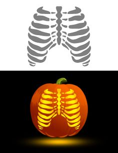 a pumpkin shaped like a ribcage with an image of the skeleton inside it