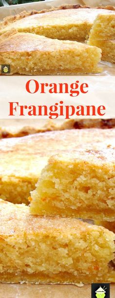 orange frangipane cake is cut in half and stacked on top of each other