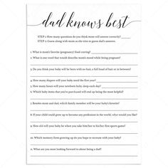 Editable baby shower games dad knows best by LittleSizzle Baby Shower Questions, Baby Shower Scramble, Wishes For Baby Cards, Baby Sprinkle Invitations, White Baby Showers, Couples Baby Showers, Funny Game, Fun Baby Shower Games, Simple Baby Shower