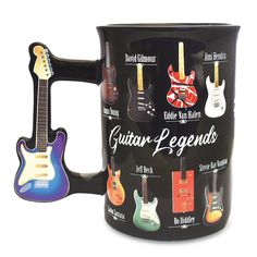 a black coffee mug with guitars on it