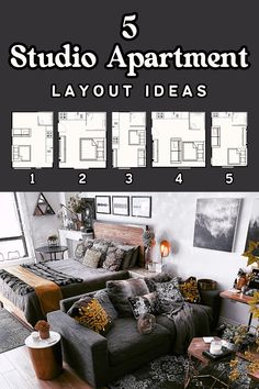 a living room filled with furniture and lots of pictures on the wall above it that says 5 studio apartment layout ideas