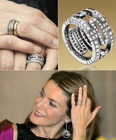 a woman wearing three different rings on her finger and another photo of two people holding their hands together