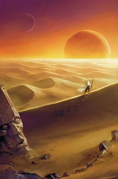 an artist's rendering of a desert scene with two people walking on the sand