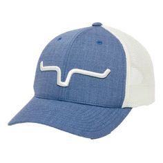 a blue and white hat with the letter h on it's front, embroidered in white