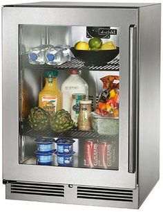 a stainless steel refrigerator filled with food and drinks