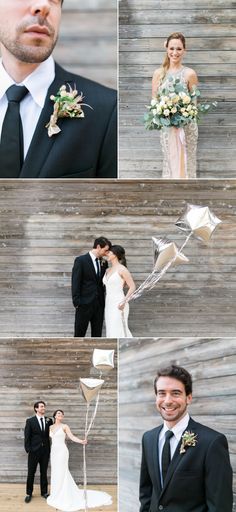 the bride and groom are posing for pictures in their wedding attire, with silver foil streamers