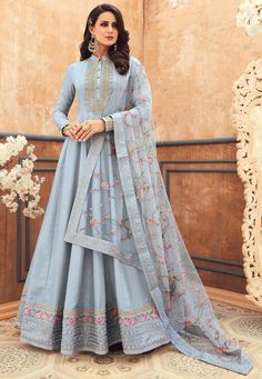 Party Wear Long Gowns, Indian Anarkali Dresses, Silk Anarkali Suits, Floor Length Anarkali, Dusty Blue Color, Silk Anarkali, Designer Anarkali Suits, Resham Work, Designer Anarkali