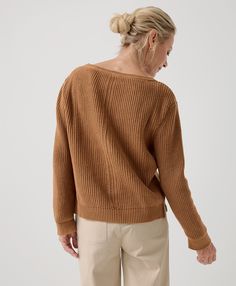 Women’s Luxe Knit Boatneck Sweater made with Organic Cotton | Pact Casual Brown V-neck Sweater For Work, Casual Camel Long Sleeve Sweater, Casual Long Sleeve Camel Sweater, Brown Cotton Ribbed Sweater, Camel Tops For Workwear In Fall, Brown Cotton Sweater For Workwear, Casual Camel Sweater For Fall, Casual Brown V-neck Sweater For Layering, Camel Sweater For Workwear In Fall