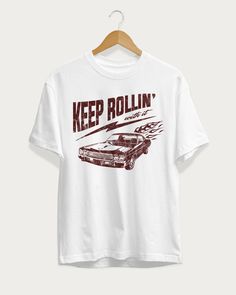 Keep Rollin' Tee – Heartman Retro Short Sleeve T-shirt With Graphic Print, Retro Fan Merchandise T-shirt With Front Print, Retro T-shirt With Front Print For Fans, Retro White Print Crew Neck T-shirt, Graphic Tee For Fan Merchandise, Retro T-shirt With Sublimation Print, Relaxed Fit, Graphic Tee Shirt For Fan Gear, Retro Relaxed Fit T-shirt With Sublimation Print, Retro White Screen Print Top