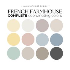 the french farmhouse house color scheme is shown in shades of gray, yellow and pink