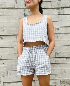 Gingham Matching Set, Matching Top And Shorts, Shorts Pattern Free, Vacation Capsule, Loungewear Pants, Sewing Shorts, Gingham Fashion, Gingham Linen