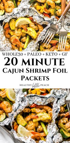 grilled shrimp and zucchini in foil packets with text overlay that reads, whole 30 paleo keto + gf super quick cajun shrimp & caulin shrimp foil packet