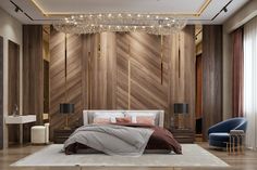 a modern bedroom with wood paneling and chandelier