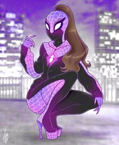 a drawing of a woman dressed in purple and black spider - man suit with her hands on her hips