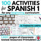 the cover of 100 activities for spanish for any beginning - school student, with text and pictures