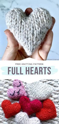 two knitted hearts are shown with the text, free knitting pattern and instructions to make them