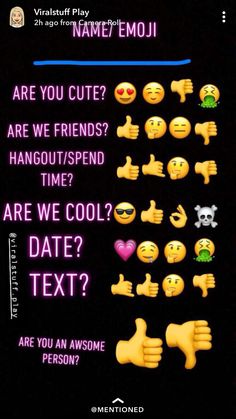 some emoticions on a black background with the text are you cute? are we friends? hangout / spend time? are we cool? date?