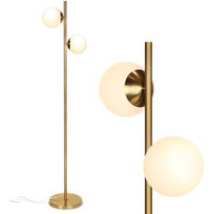 three light floor lamp with two balls on each side and one ball on the other