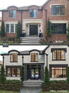 before and after shots of a brick house with black shutters on the front door