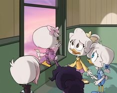 three cartoon characters are talking to each other in front of a window with the sky outside