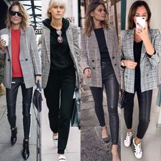 Black And Grey Blazer Outfit, Plaid Blazer And Sneakers Outfit, Plaid Blazer Street Style, Grey Check Blazer Outfit Women Work, Grey Checked Blazer Outfit, Checked Blazer Outfits For Women, Outfit Con Blazer Gris Casual, Checkered Blazer Outfits For Women, Black And White Plaid Blazer Outfit