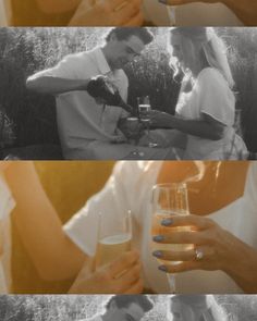 two people sitting next to each other holding wine glasses