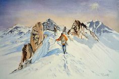 a painting of a man walking up the side of a snow covered mountain with mountains in the background