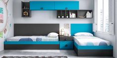 a bedroom with blue and black furniture in it