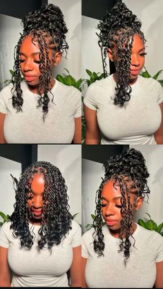 Boho Knotless Bob Styles, Boho Short Braids Hairstyles, Hairstyles For Short Knotless With Curls, Short Boho Braids With Curls, Styles For Short Boho Knotless Braids, Short Boho Goddess Braids, Ways To Style Short Boho Knotless Braids, Short Black Braids With Curls, Short Boho Twists With Curls